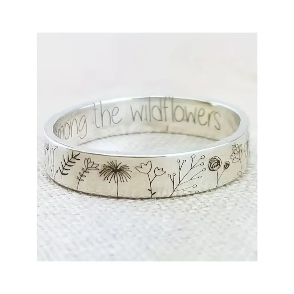 NWT Boho Wildflower Engraved Band Ring Dandelion Floral Flower Inscribed
